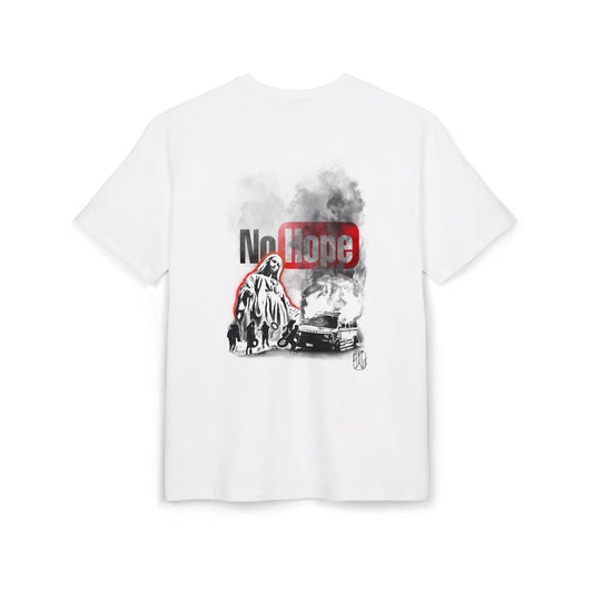 White t-shirt with graphic design and text  "No Hope" on a white background, back