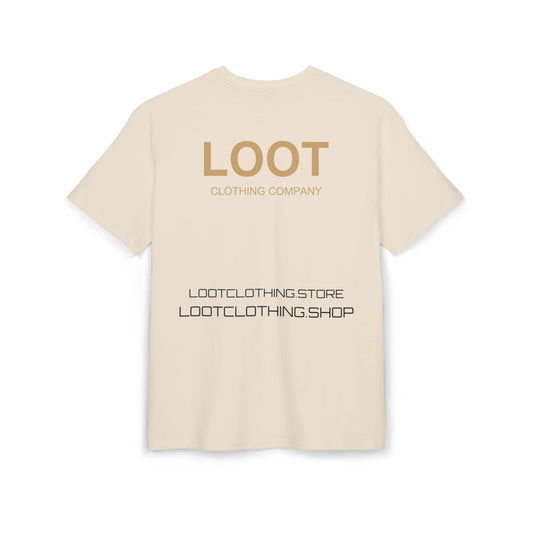 sand t-shirt with 'LOOT Clothing Company' text on a white background, back