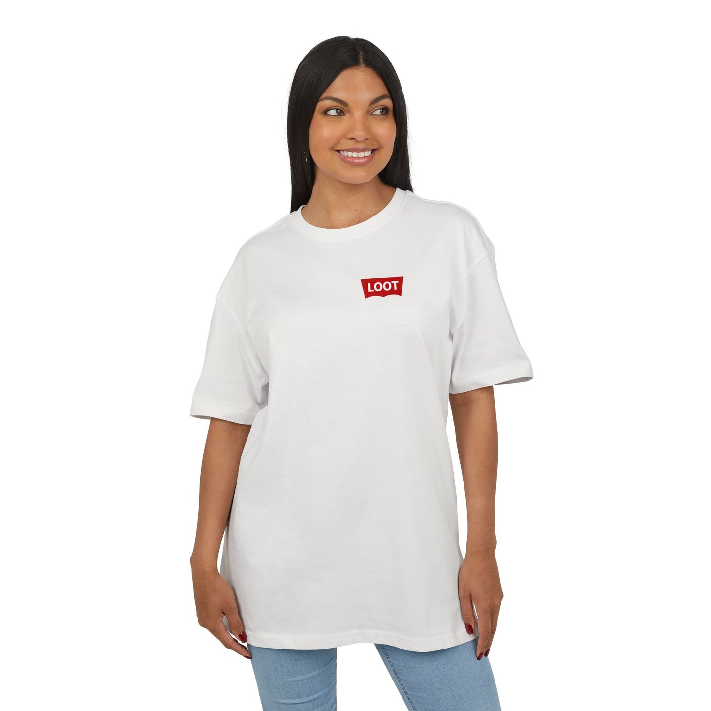 Woman wearing a white t-shirt with a red logo on a white background, front