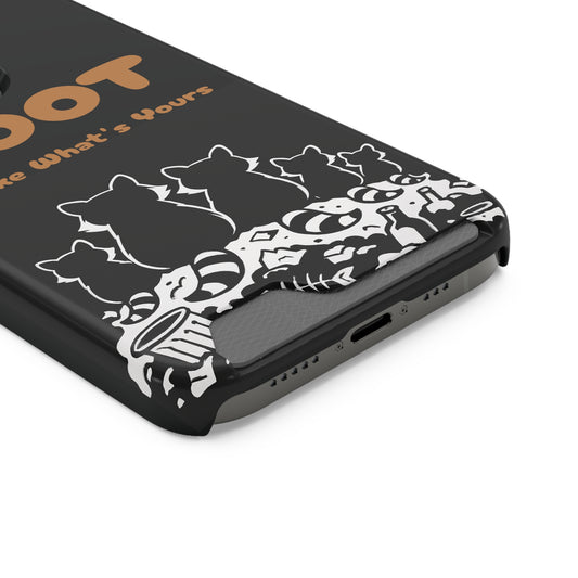 Black phone case with raccoon illustrations on a white background, back