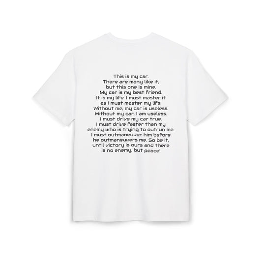 white t-shirt with white car inspired text on a white background, back
