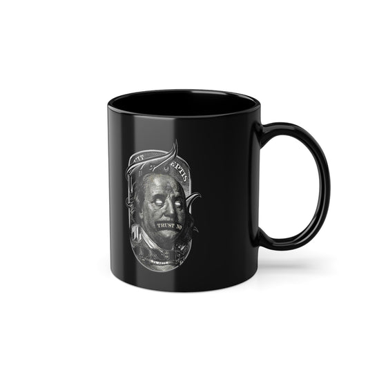 Black mug with a graphic design on a white background, side