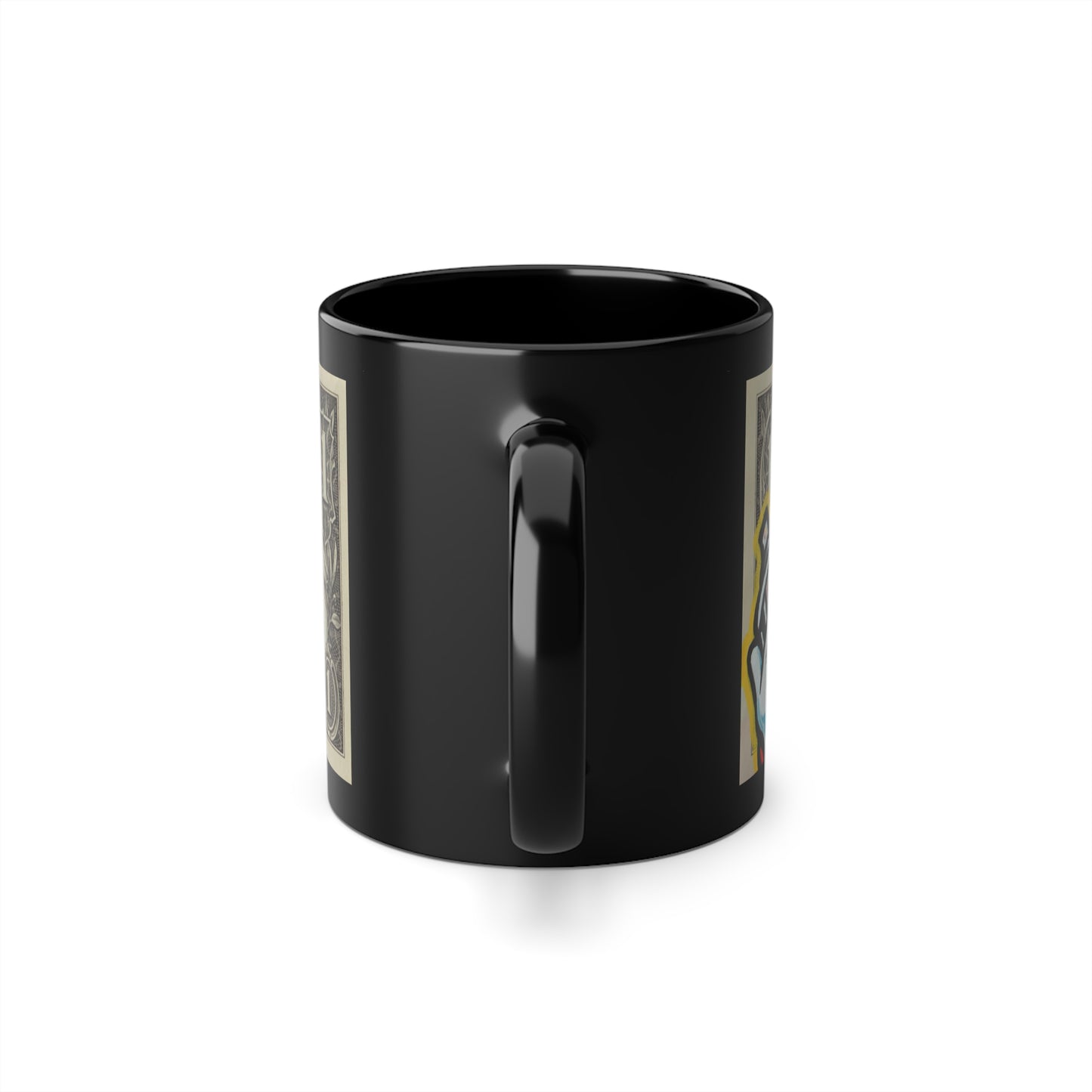 A black ceramic coffee mug with a glossy finish dollar art and a colorful character illustration on the side, back