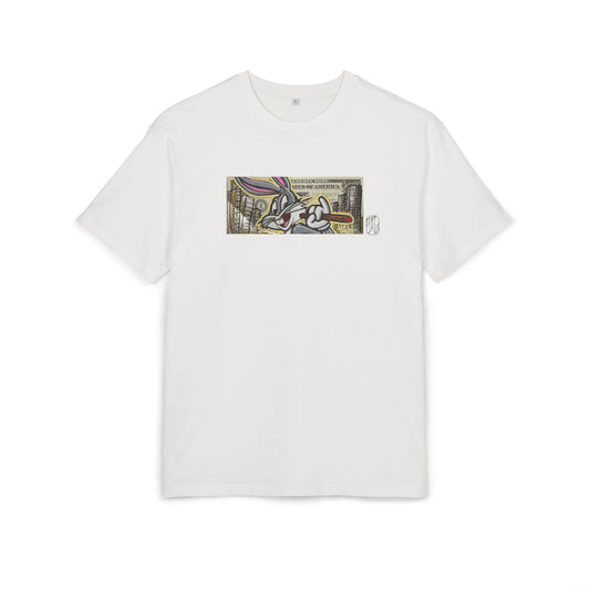 White t-shirt with a graphic design on a white background, art, dollar, front