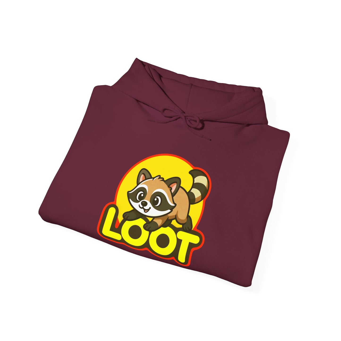 folded Maroon hoodie with a raccoon graphic and 'LOOT' text on a white background, front