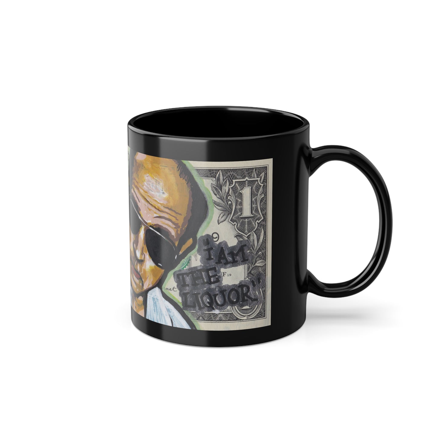 Black mug with a graphic dollar design on a white background, side