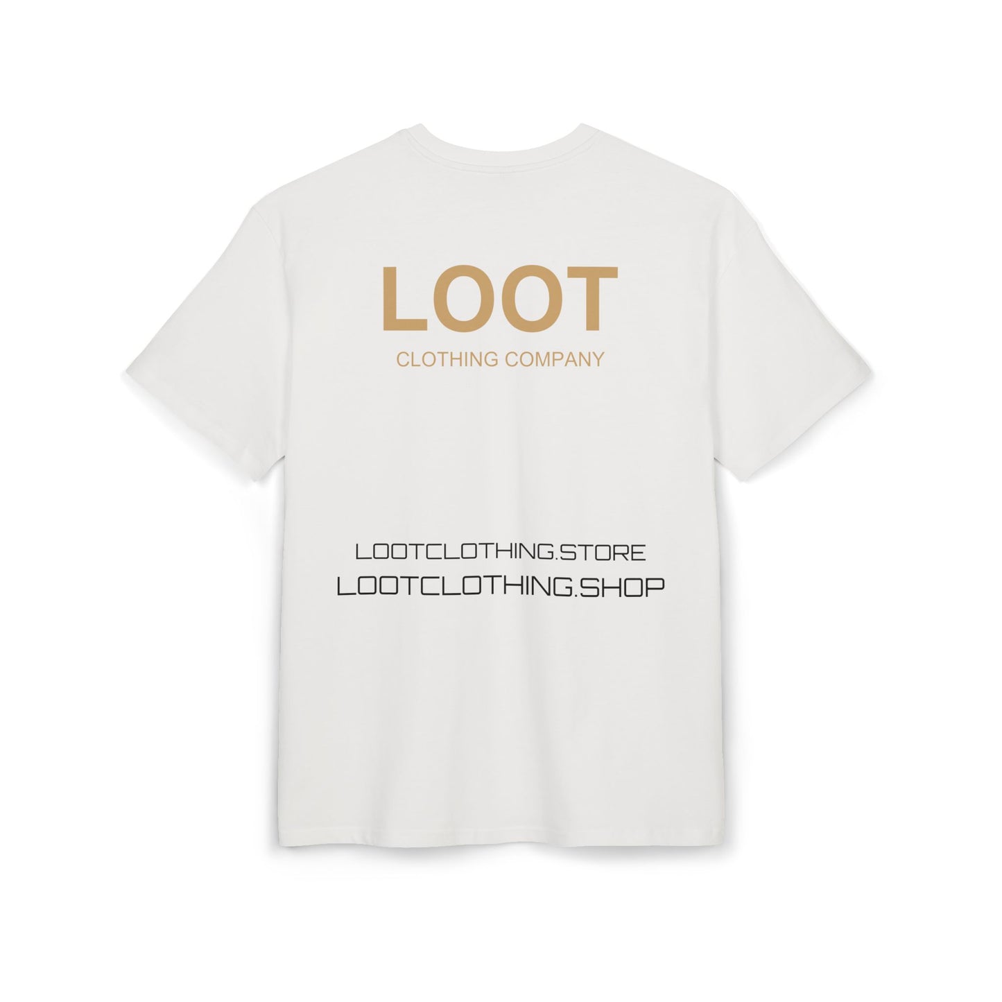 White t-shirt with 'LOOT Clothing Company' text on a white background, back