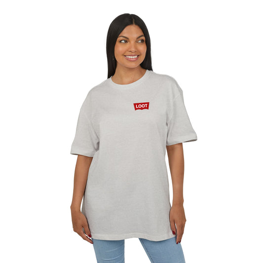 Woman wearing a gray t-shirt with a red logo on a white background, front