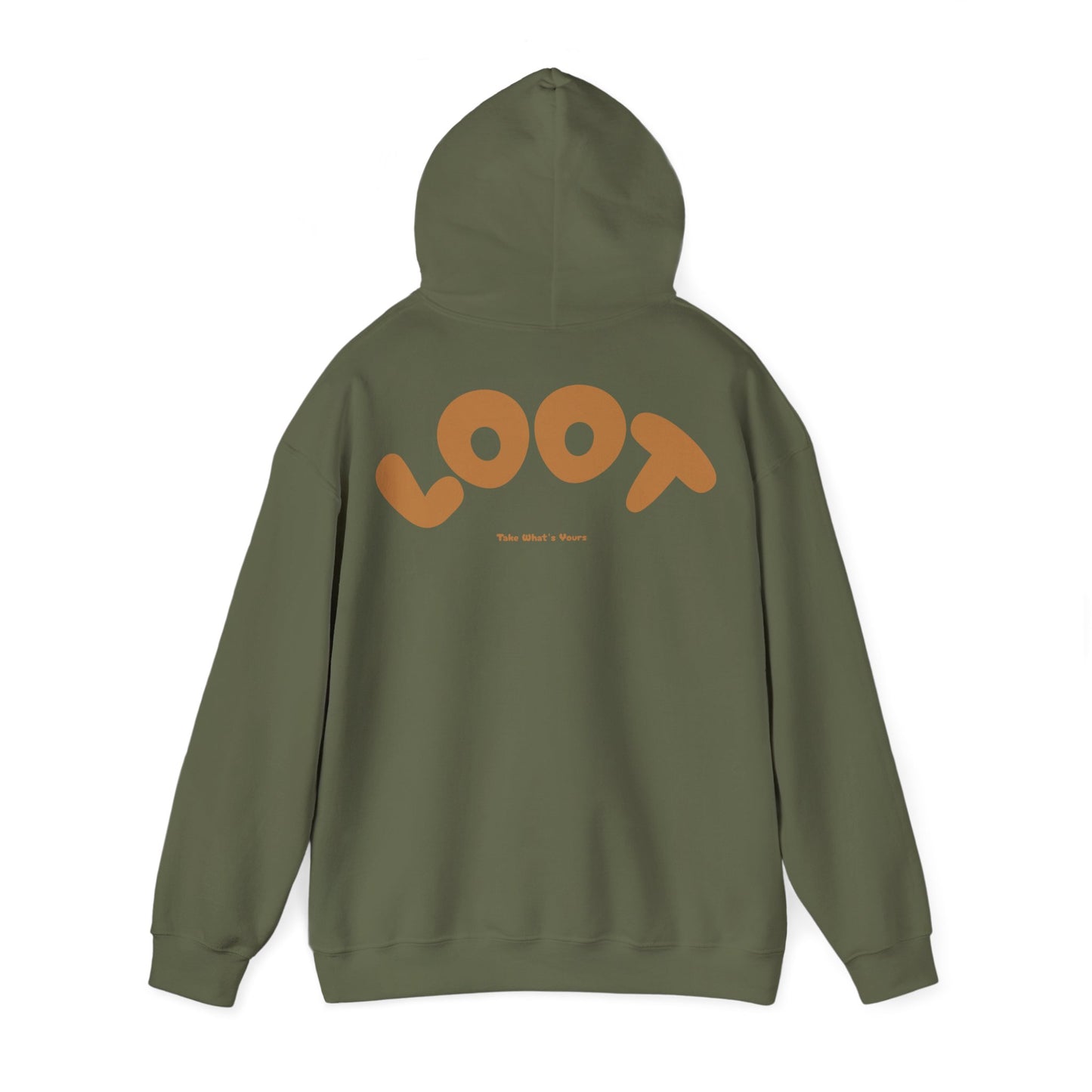 military Green hoodie with 'LOOT' logo on the back against a white background, back