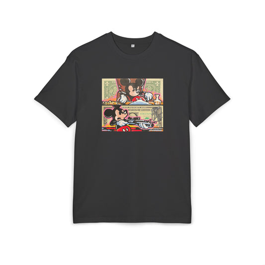 Black t-shirt with mickey mouse design on a white background, front