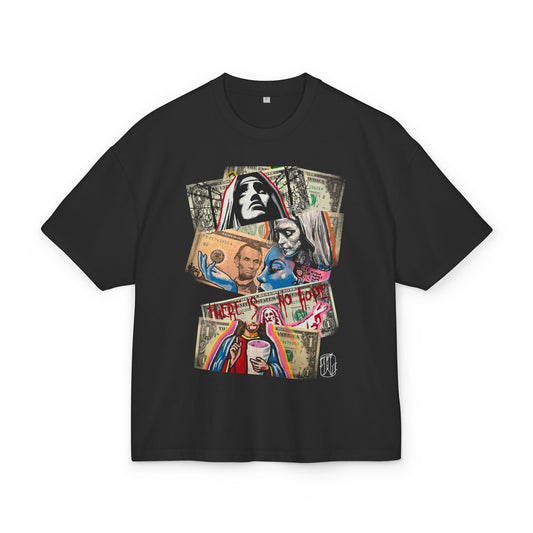 black boxt-shirt with stacked dollars and a bold artistic graphic print in the center, front