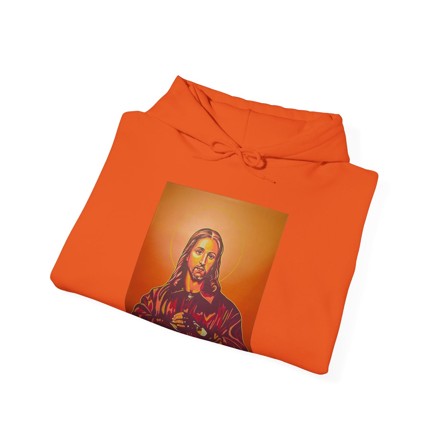 folded orange hooded sweatshirt featuring a graphic print of a person on the front, front