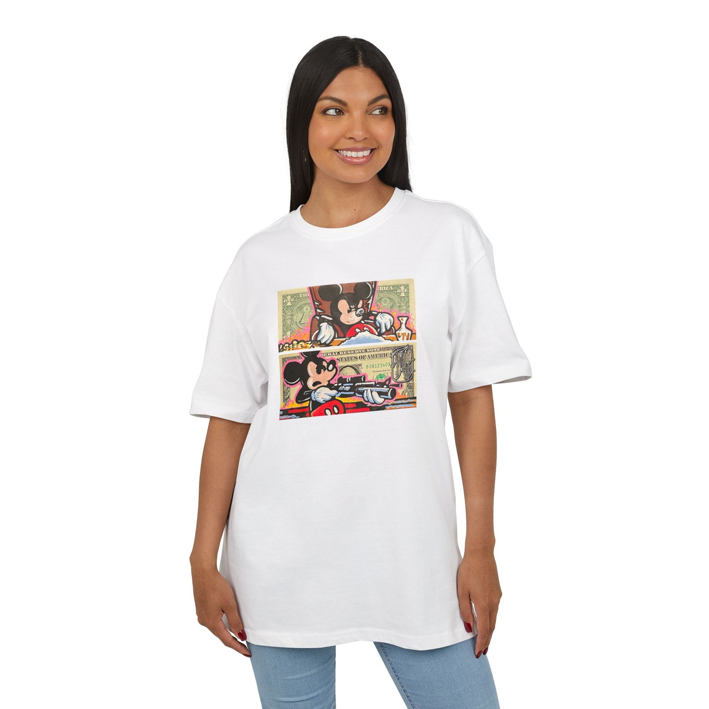 Woman wearing a white t-shirt with mickey mouse design on a white background, front