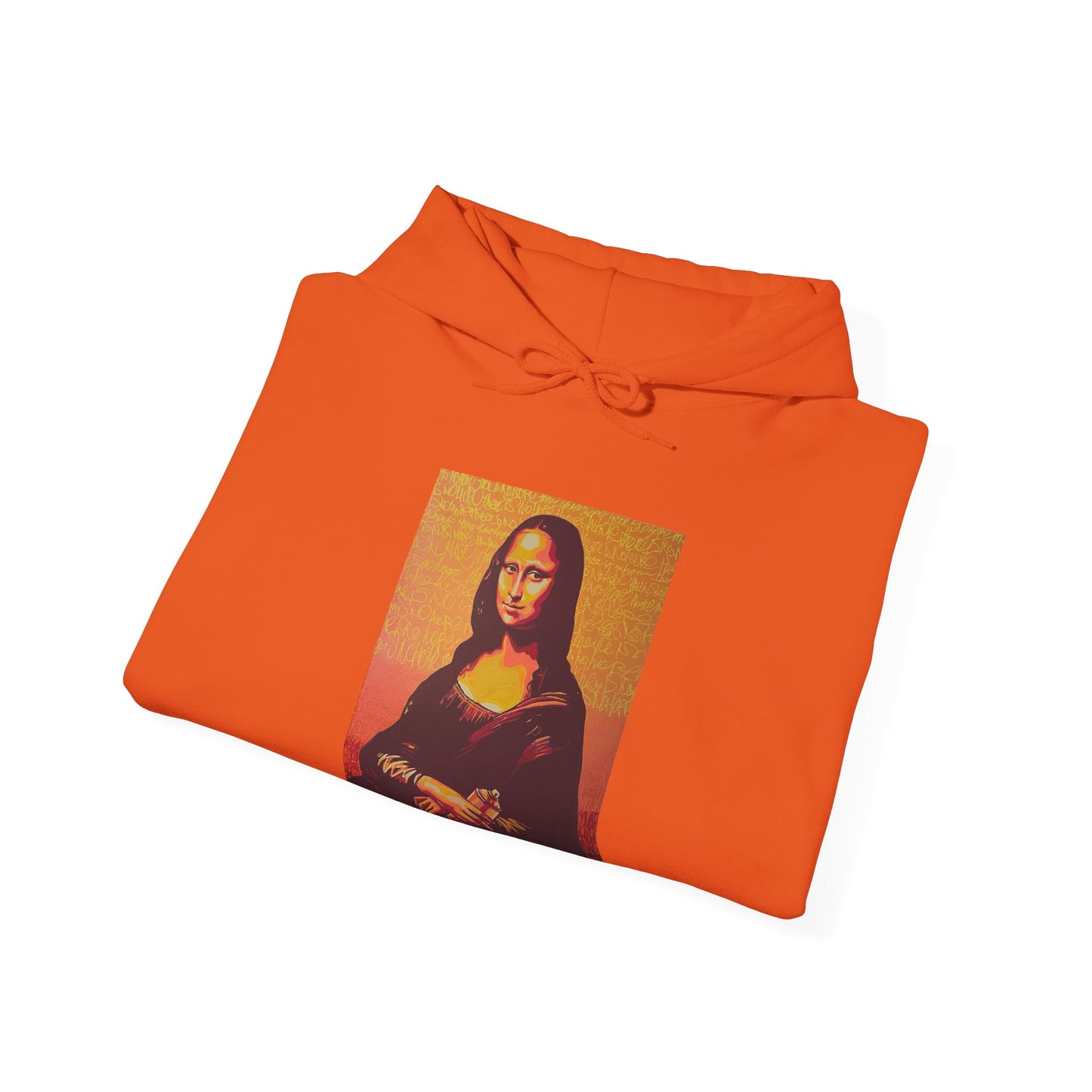 folded orange hooded sweatshirt featuring a printed portrait of a famous painting on the front, front