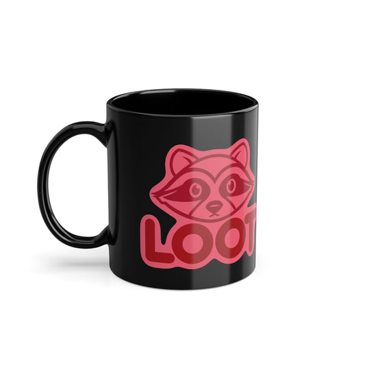 Black mug with a red raccoon graphic and 'LOOT' text on a white background, side