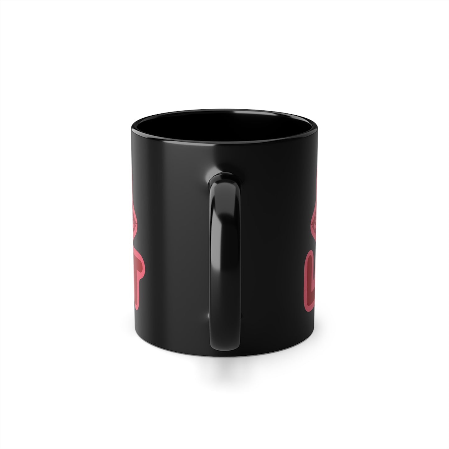 Black mug with a red raccoon graphic and 'LOOT' text on a white background, back