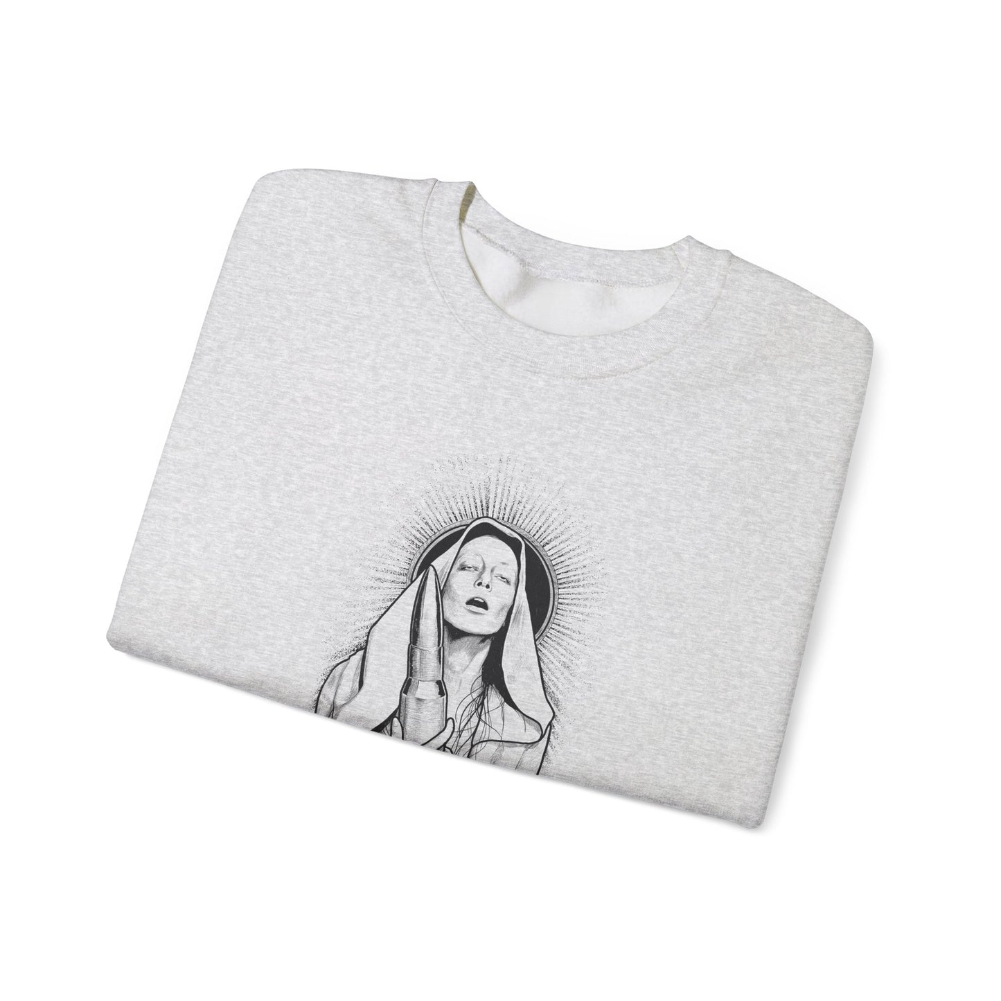 folded ash crewneck sweatshirt with a graphic print of a person and the text 'No Hope' on the front, front