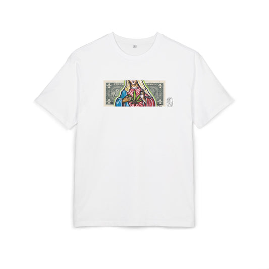 White t-shirt with a colorful graphic of maryjane on a white background, front