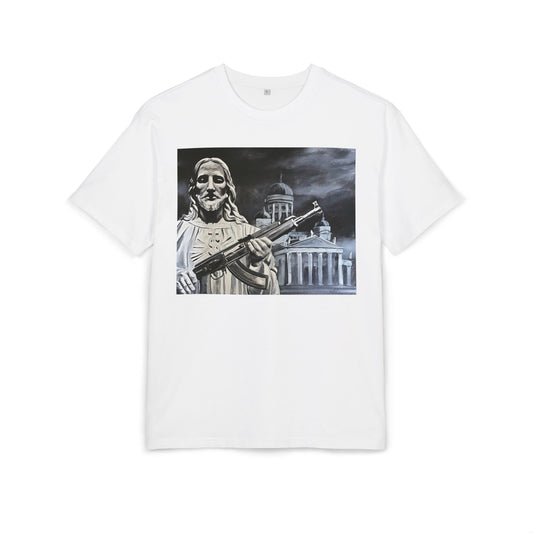 white t-shirt with a graphic of a statue holding a rifle on a white background, front