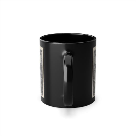 A black ceramic coffee cup with a glossy finish and a graphic design of a character holding a container, back