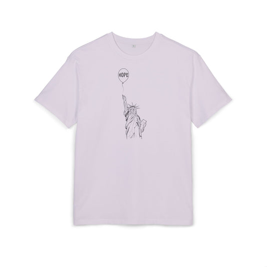 lilac t-shirt with black statue and balloon design on a white background, front