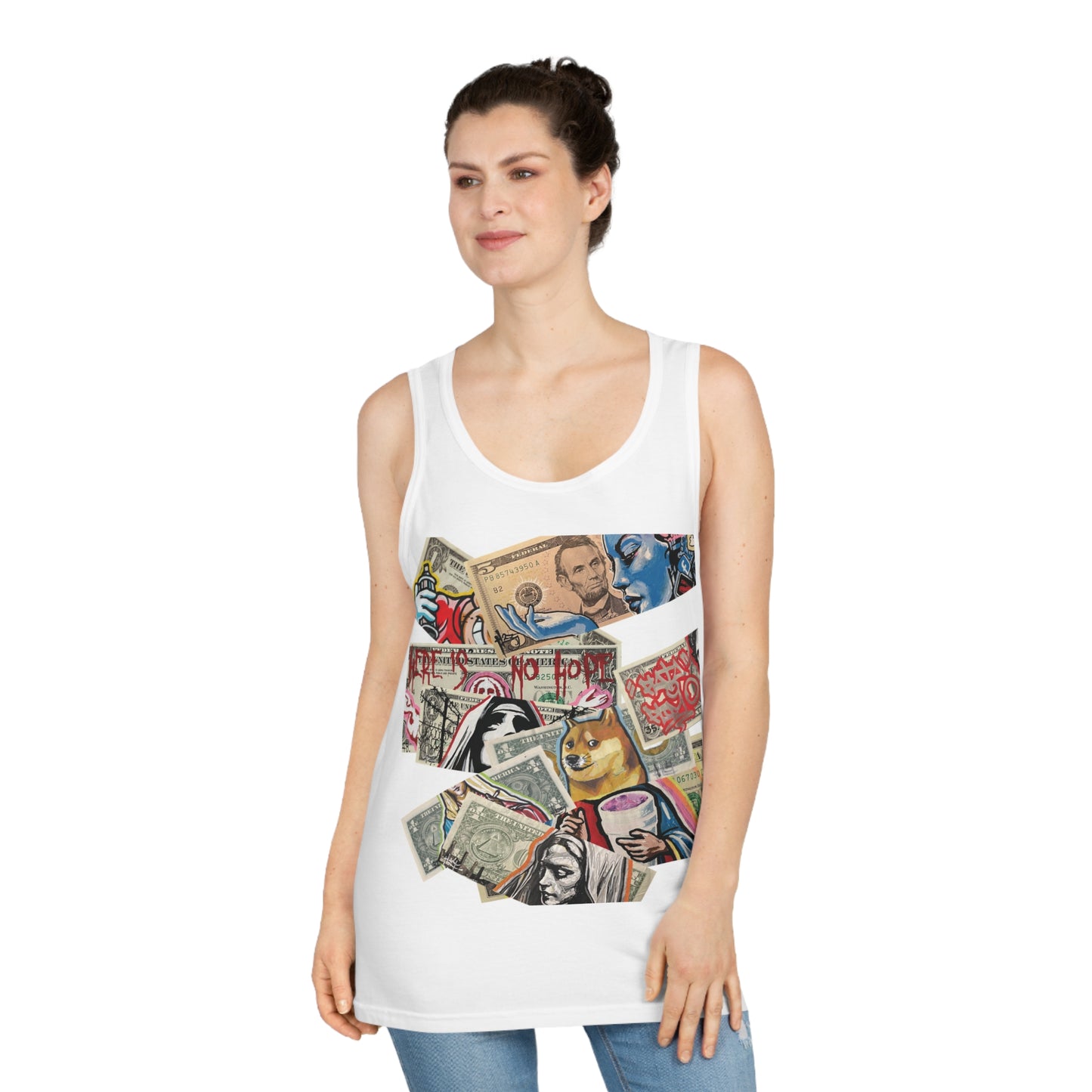 woman wearing white tank top with stacked dollars artistic design of dollars and text on a white background, front