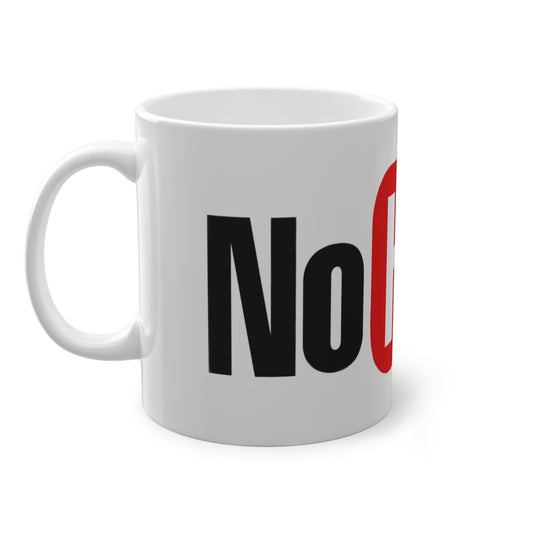 White mug with a red and black design with text "NO Hope" on a white background, side