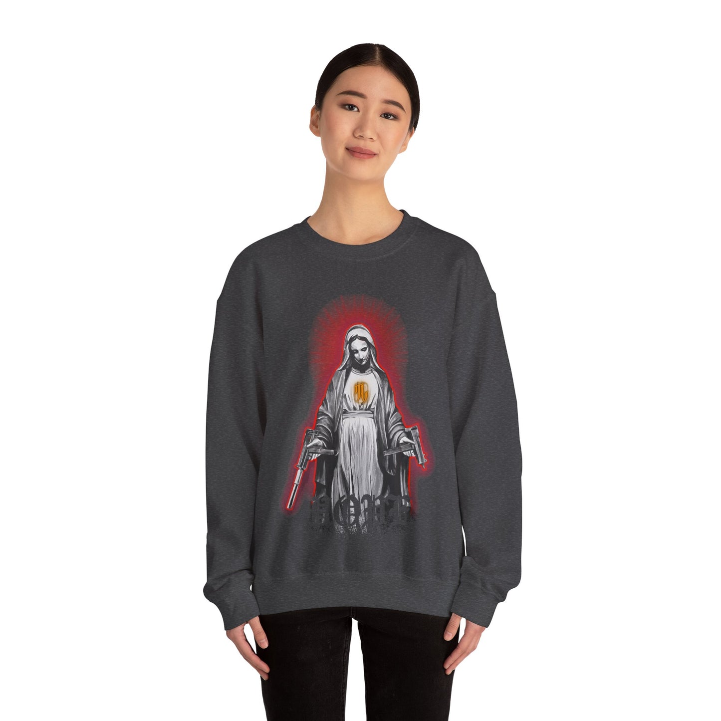 woman wearing dark heather crewneck sweatshirt with a graphic print of a religious figure on the front with guns, front