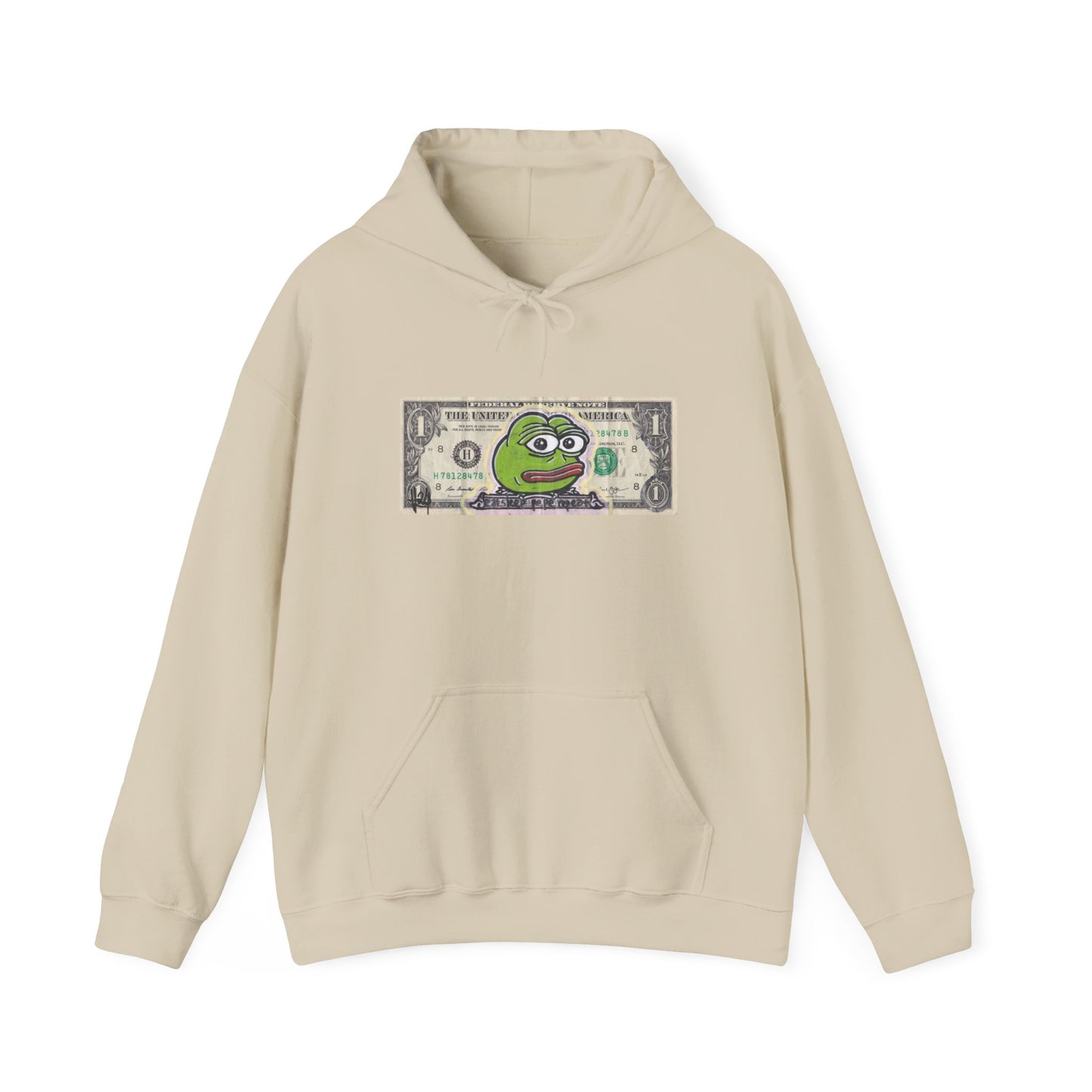 Beige hoodie with a graphic of a frog on a dollar bill on a white background, front
