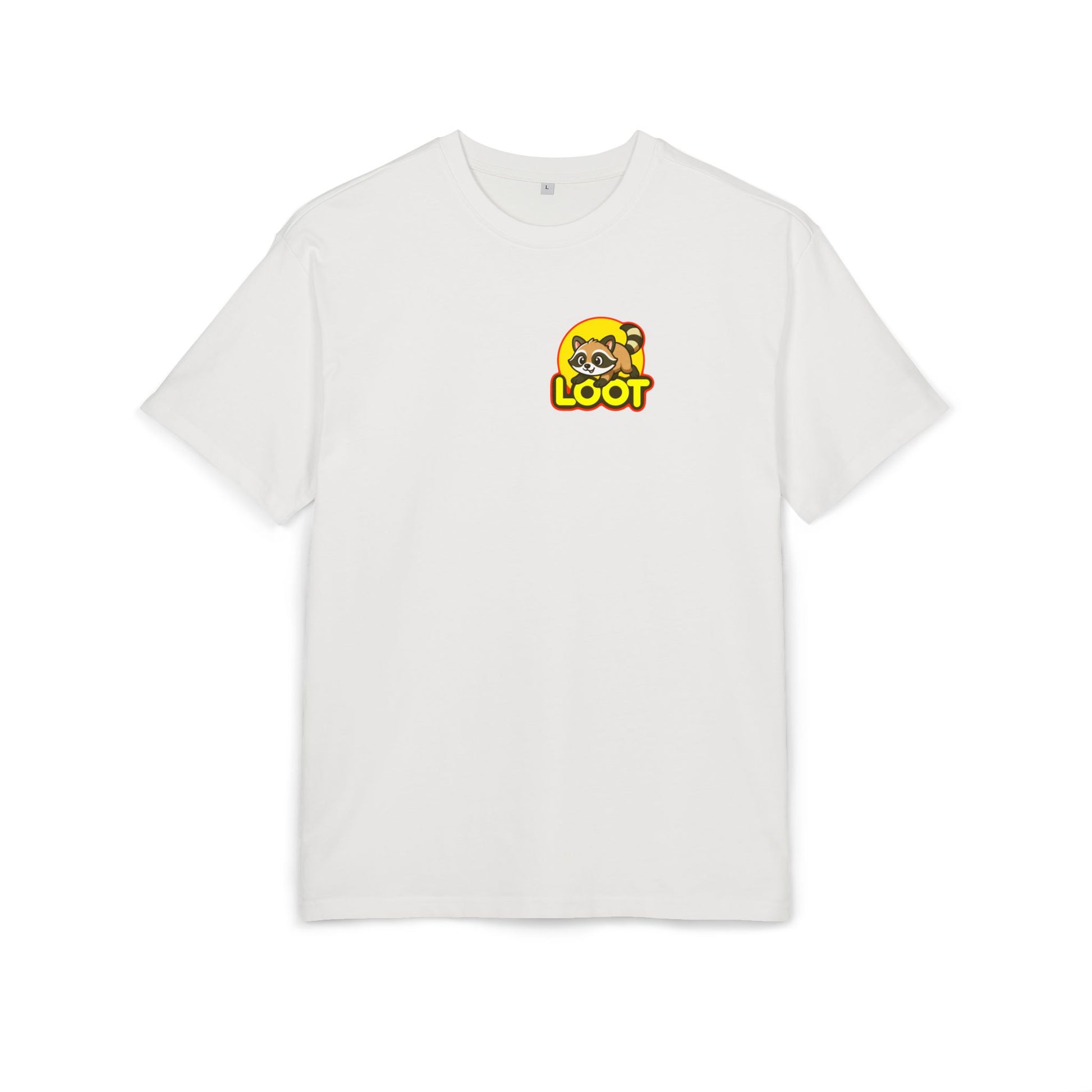 White t-shirt with a logo and 'LOOT' text on a white background, front