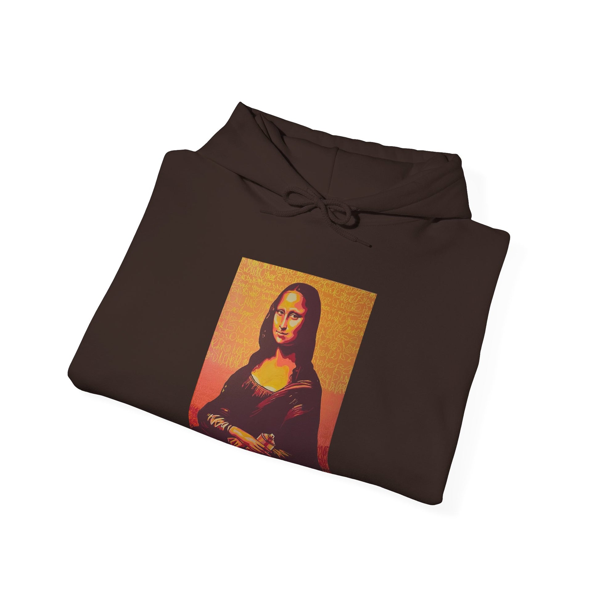 folded dark chocolate hooded sweatshirt featuring a printed portrait of a famous painting on the front, front