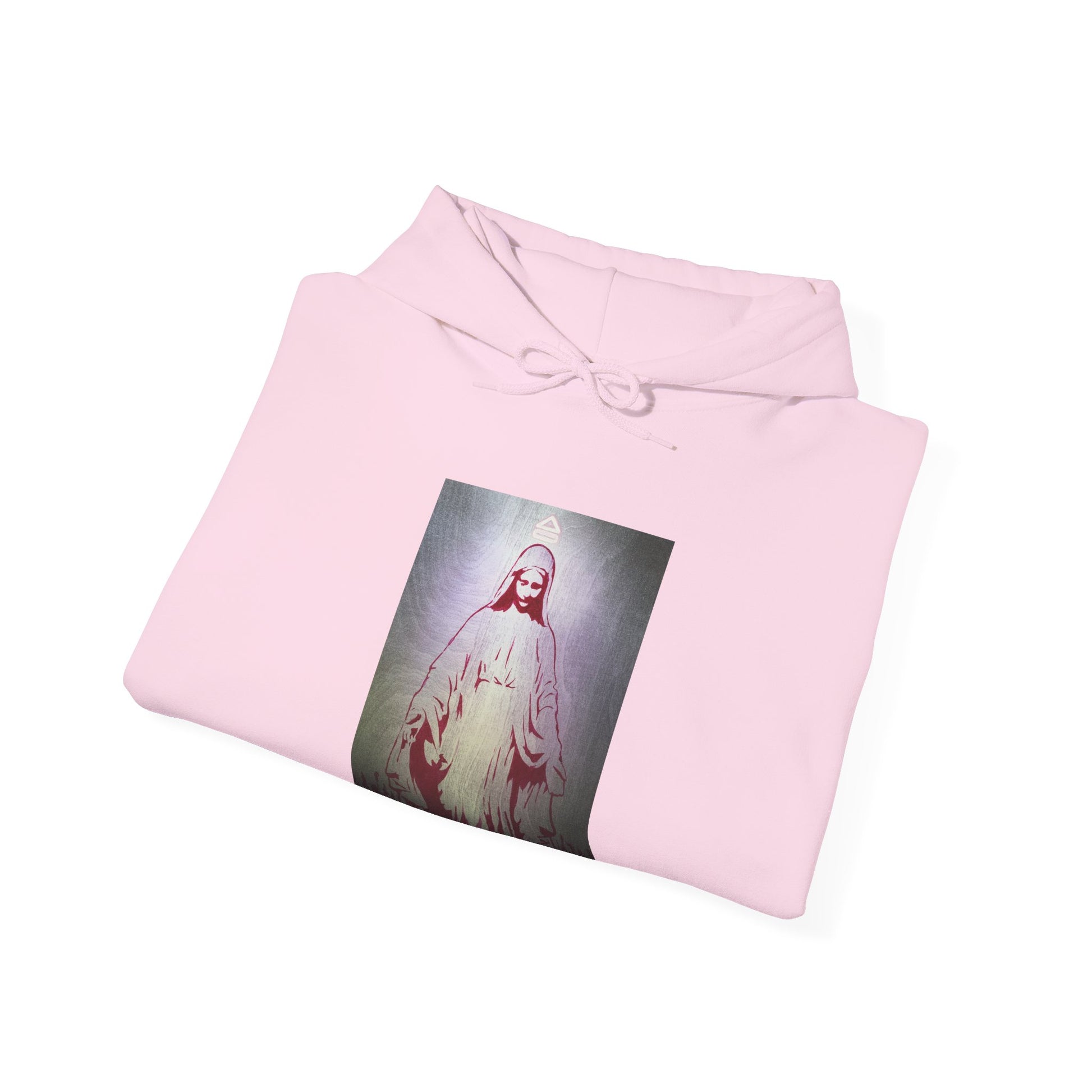 light pink hooded sweatshirt with an image of a female figure in a dress positioned in the center above the waist on white background, front