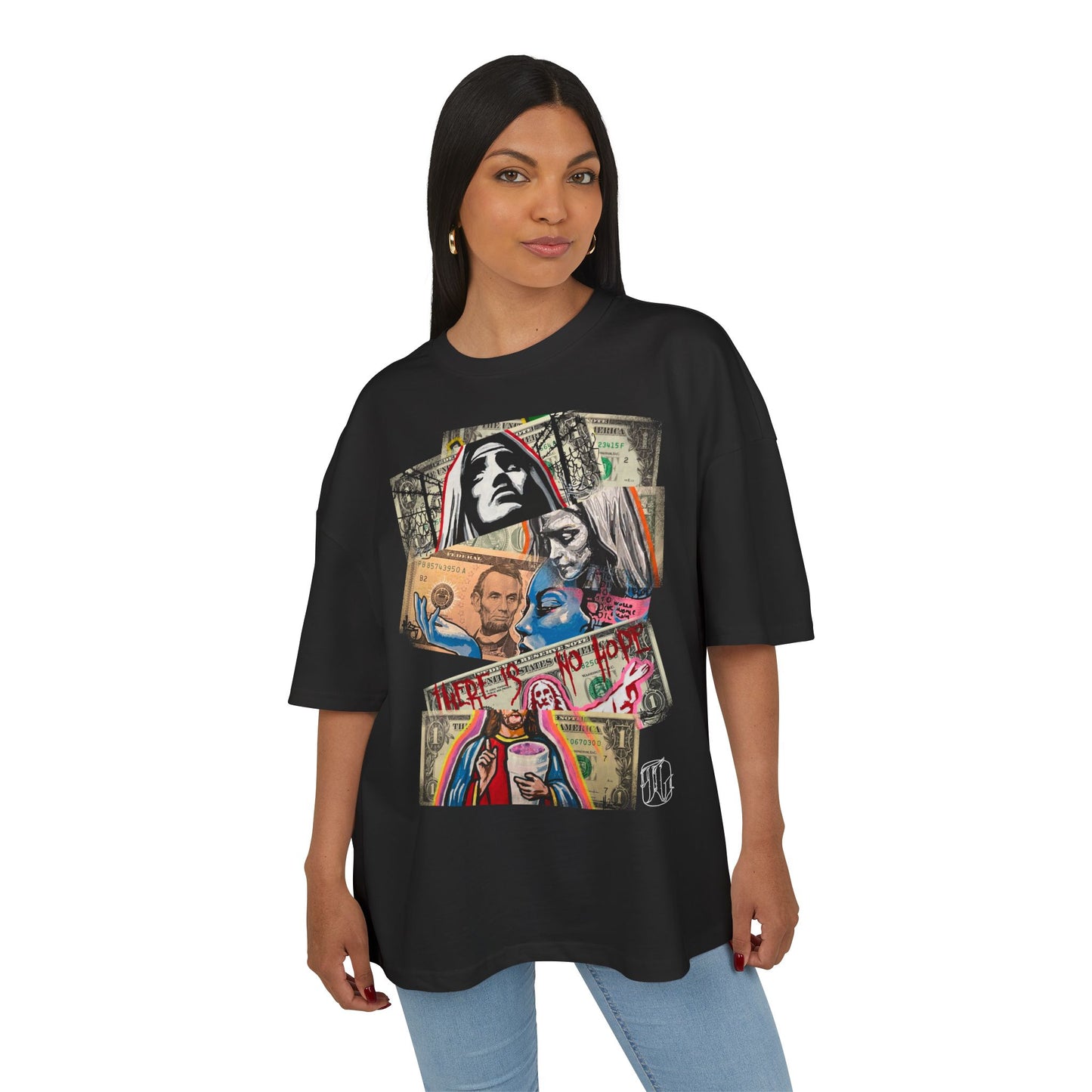 woman wearing black boxt-shirt with stacked dollars and a bold artistic graphic print in the center, front