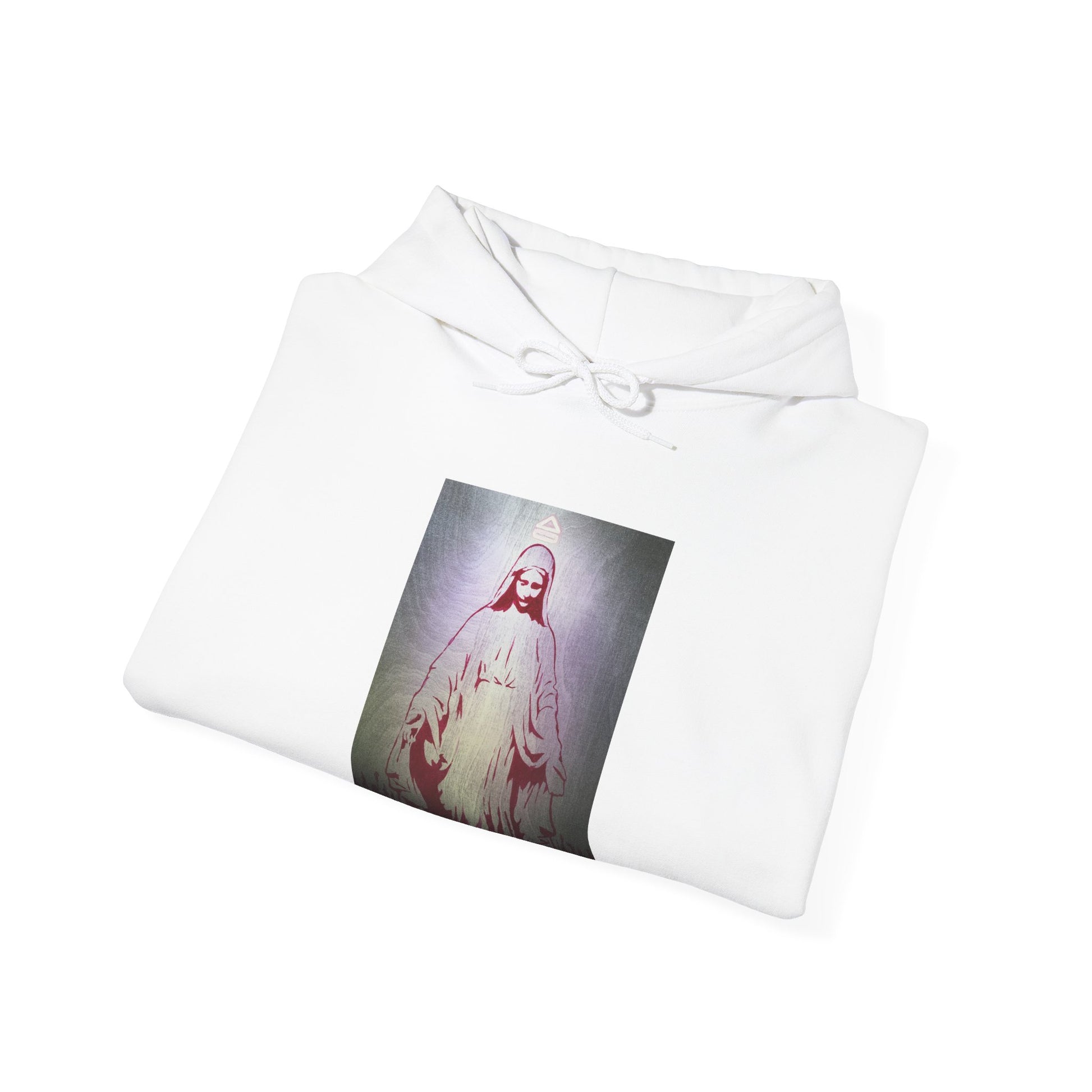 folded white hooded sweatshirt with an image of a female figure in a dress positioned in the center above the waist on white background, front