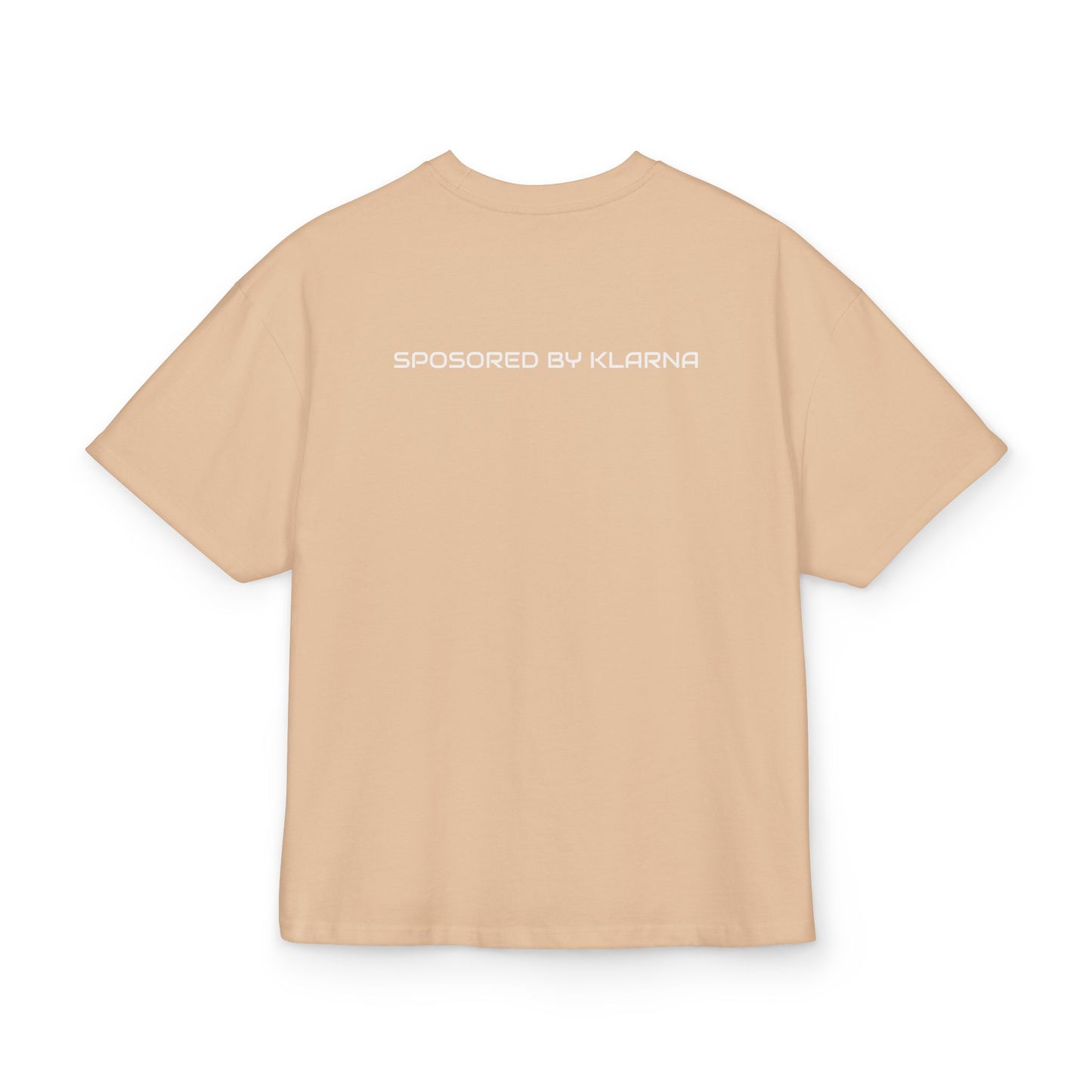 sand  t-shirt with 'Sponsored by Klarna' text on the back against a white background, back