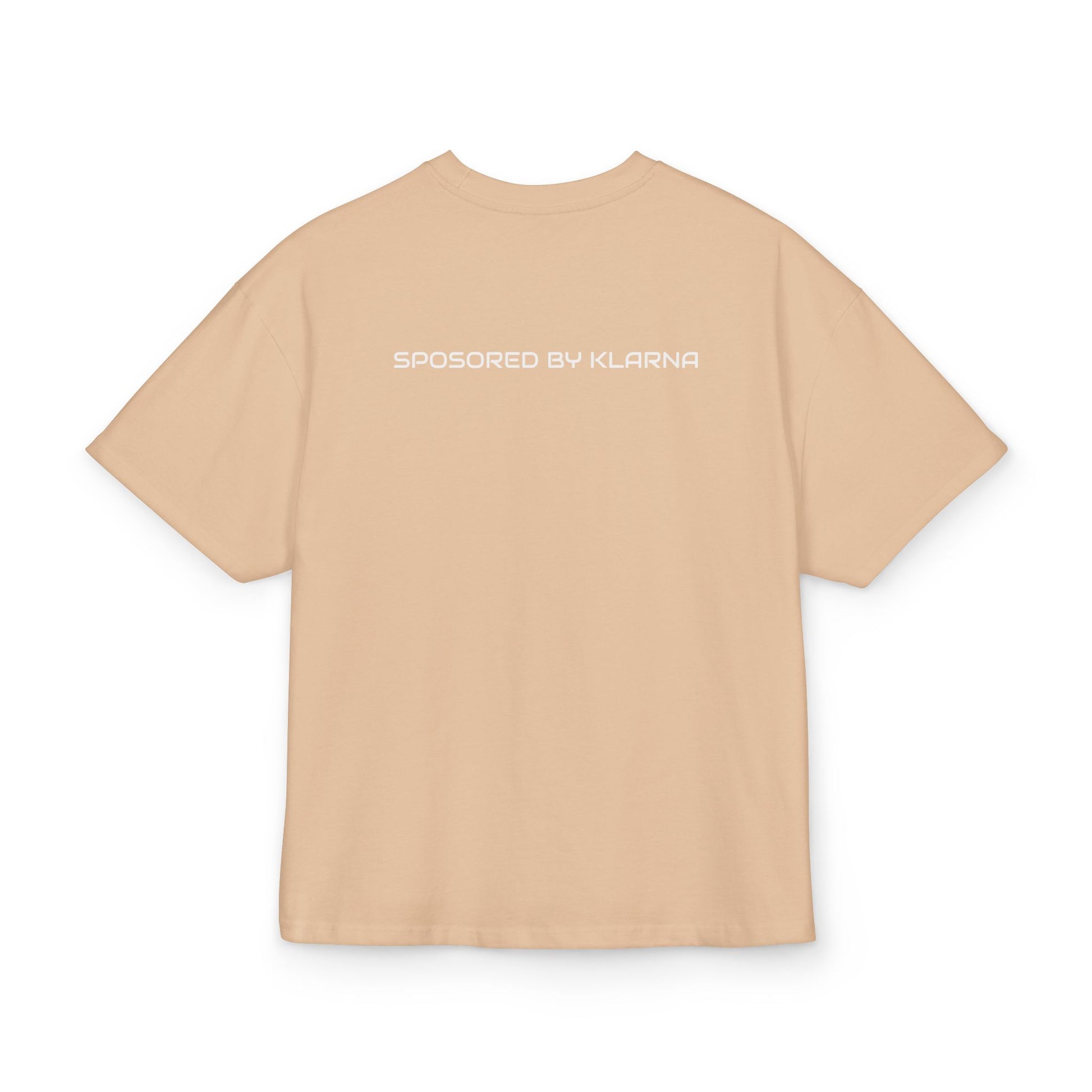 sand  t-shirt with 'Sponsored by Klarna' text on the back against a white background, back