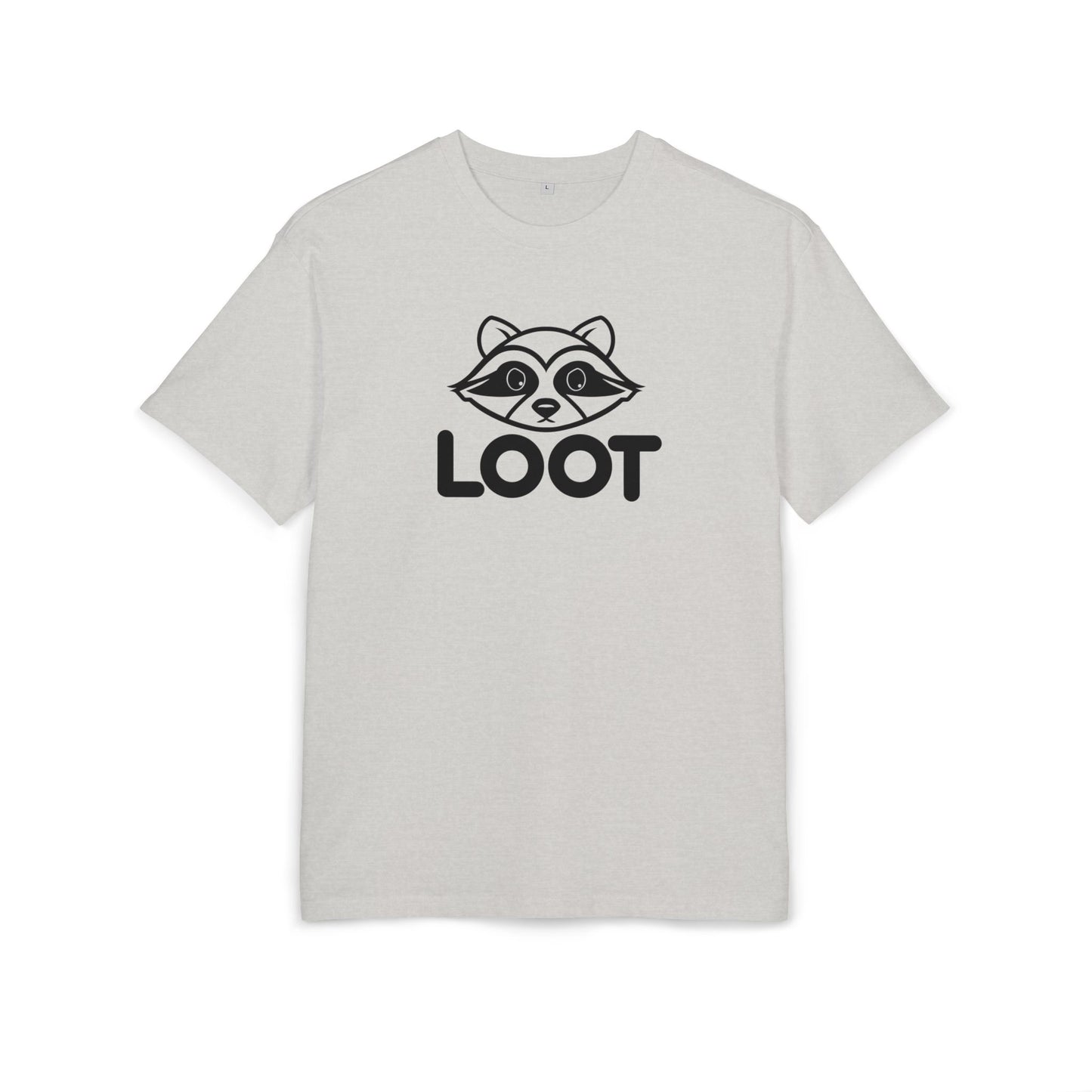Gray t-shirt with a raccoon graphic and 'LOOT' text on a white background, front