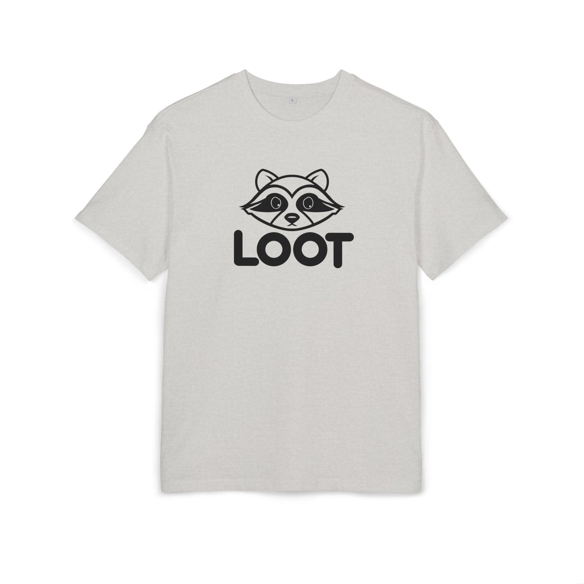 Gray t-shirt with a raccoon graphic and 'LOOT' text on a white background, front