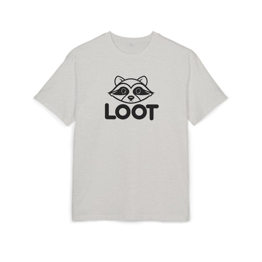 Gray t-shirt with a raccoon graphic and 'LOOT' text on a white background, front