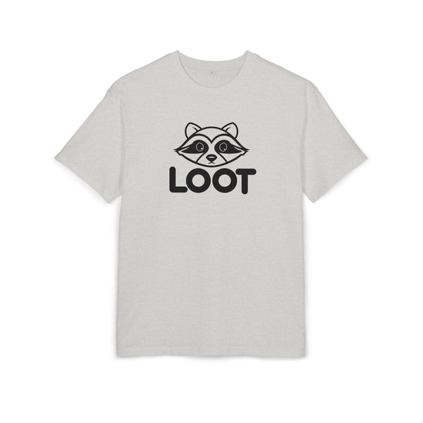 Gray t-shirt with a raccoon graphic and 'LOOT' text on a white background, front