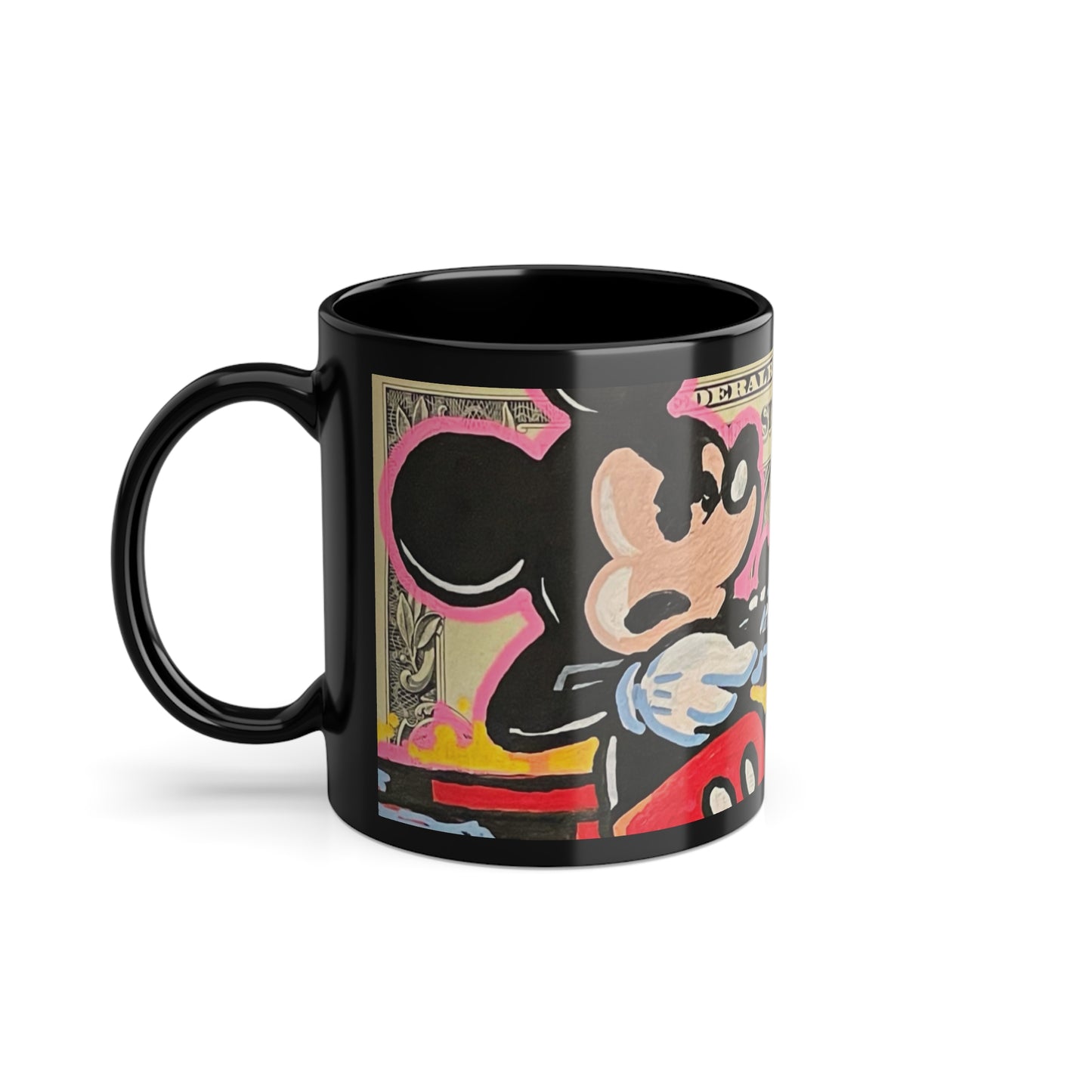 Black mug with colorful design featuring a character and dollar art on a white background, side