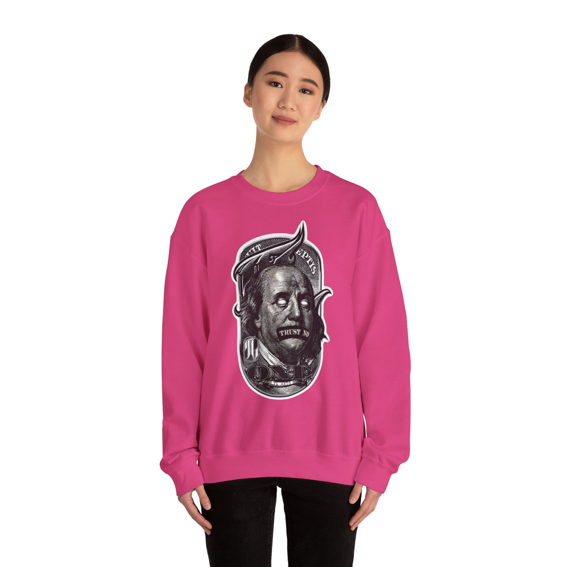 woman wearing heliconia sweatshirt with a graphic print of a character's face in black and white, front