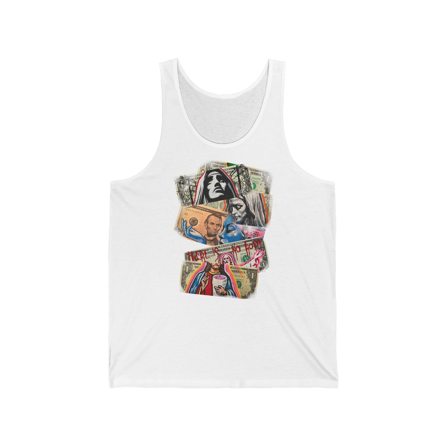 White tank top with a colorful graphic design on a white background,dollars, art, front