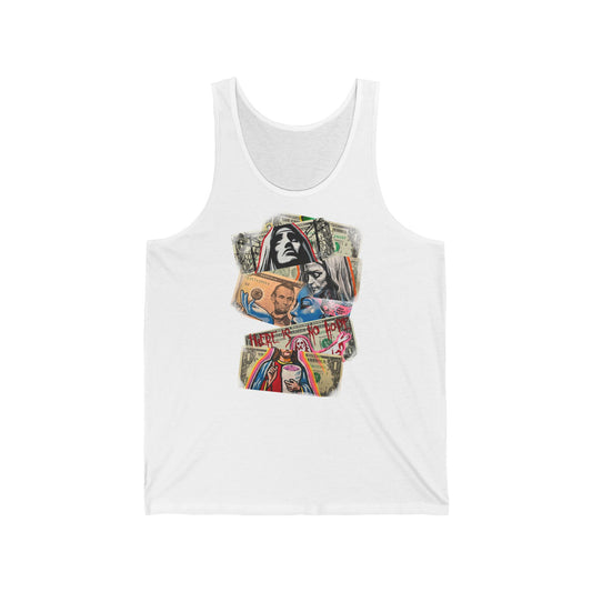 White tank top with a colorful graphic design on a white background,dollars, art, front