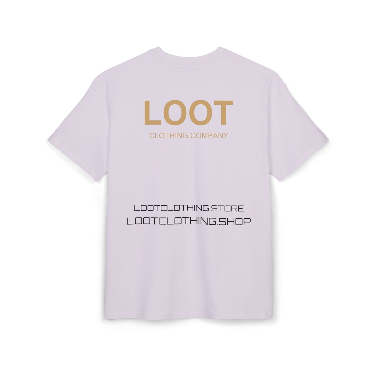 lilac t-shirt with 'LOOT Clothing Company' text on a white background, back