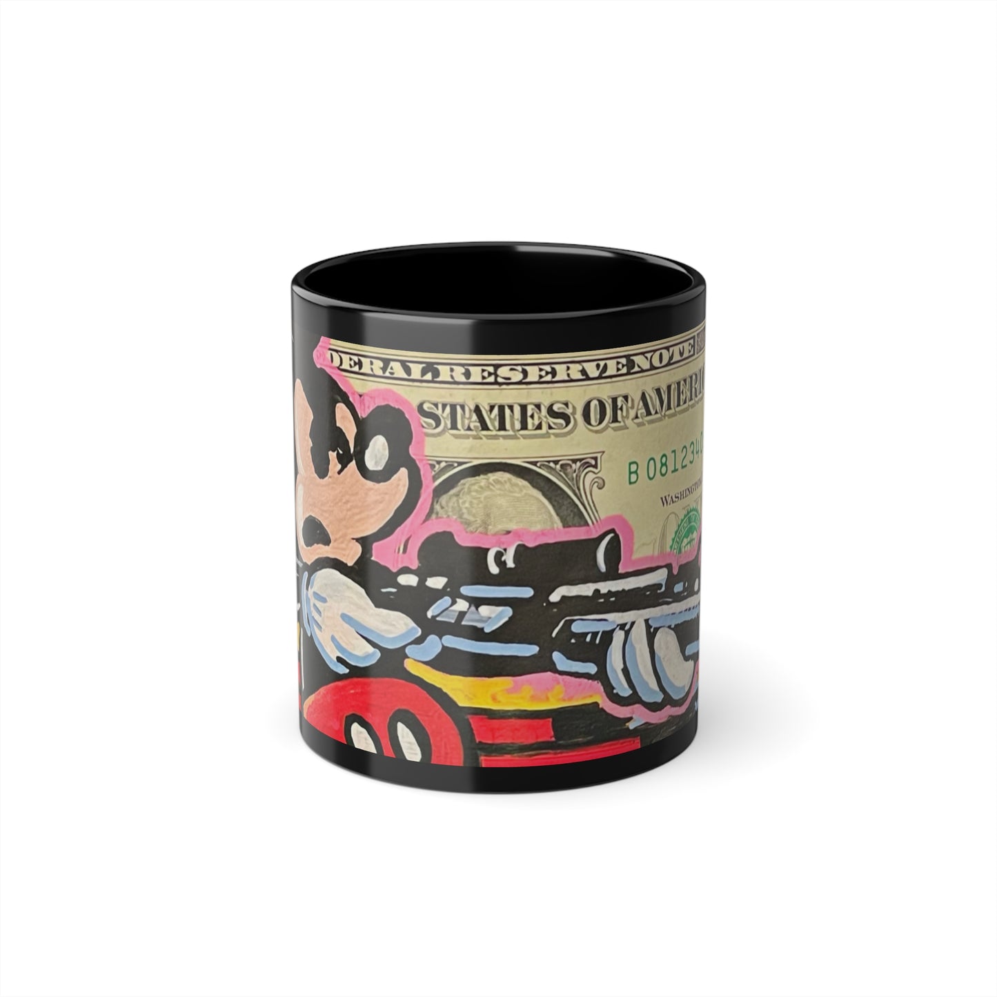 Black mug with colorful design featuring a character and dollar art on a white background, front