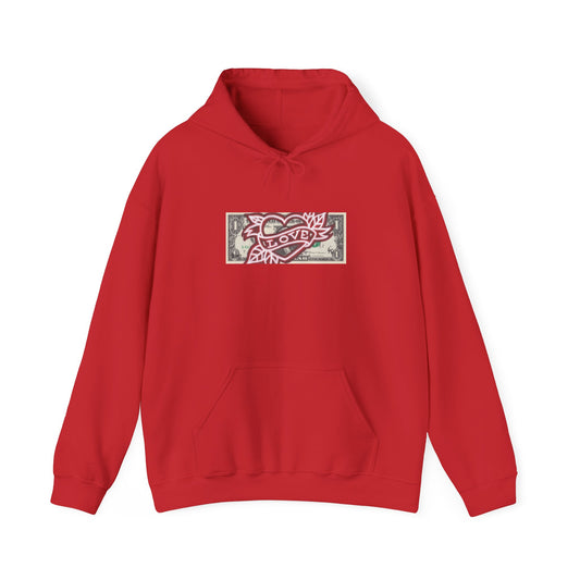 A red hooded sweatshirt with a graphic design dollar "Love" in the center of the chest area, Front
