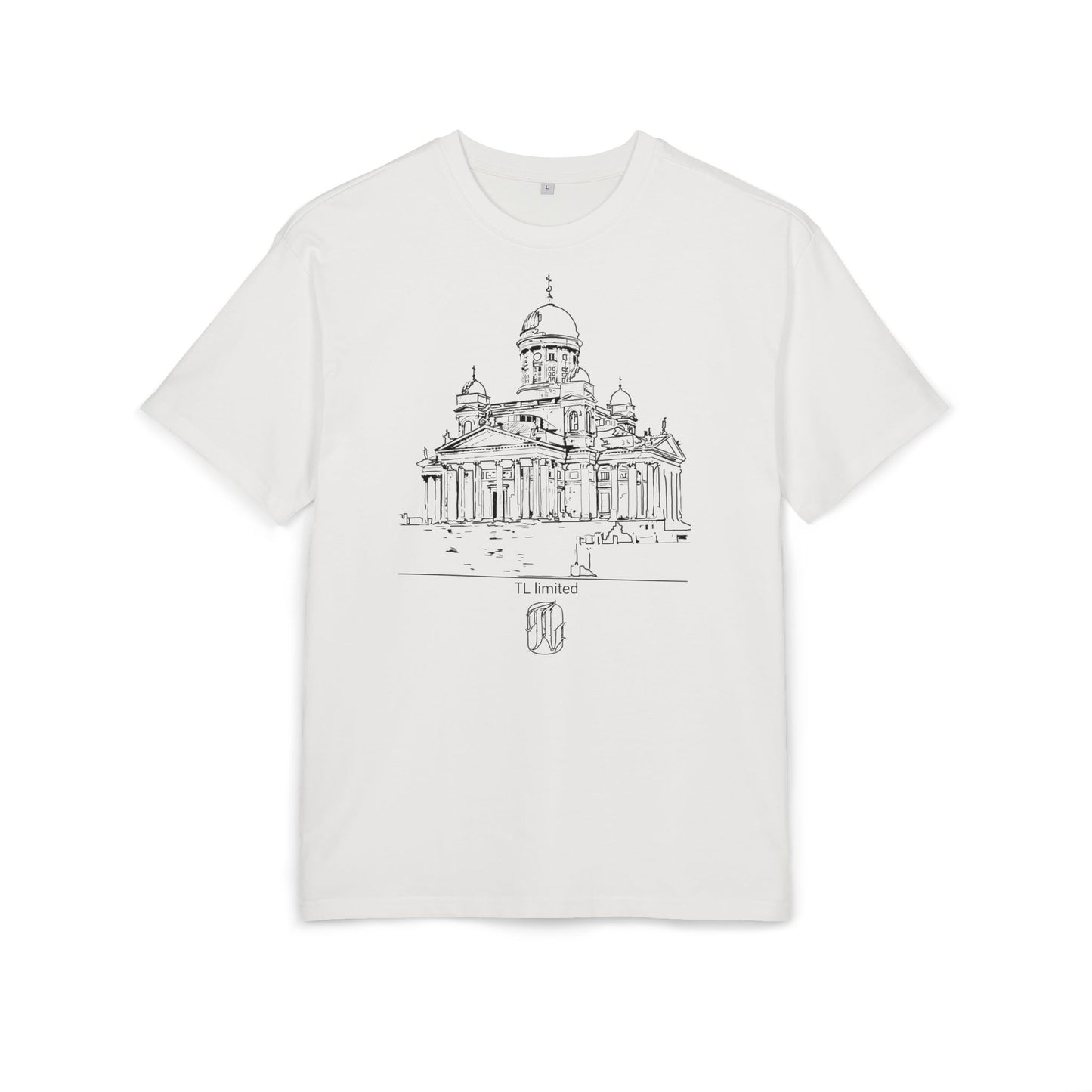 blanc White t-shirt with black architectural design on a white background, front