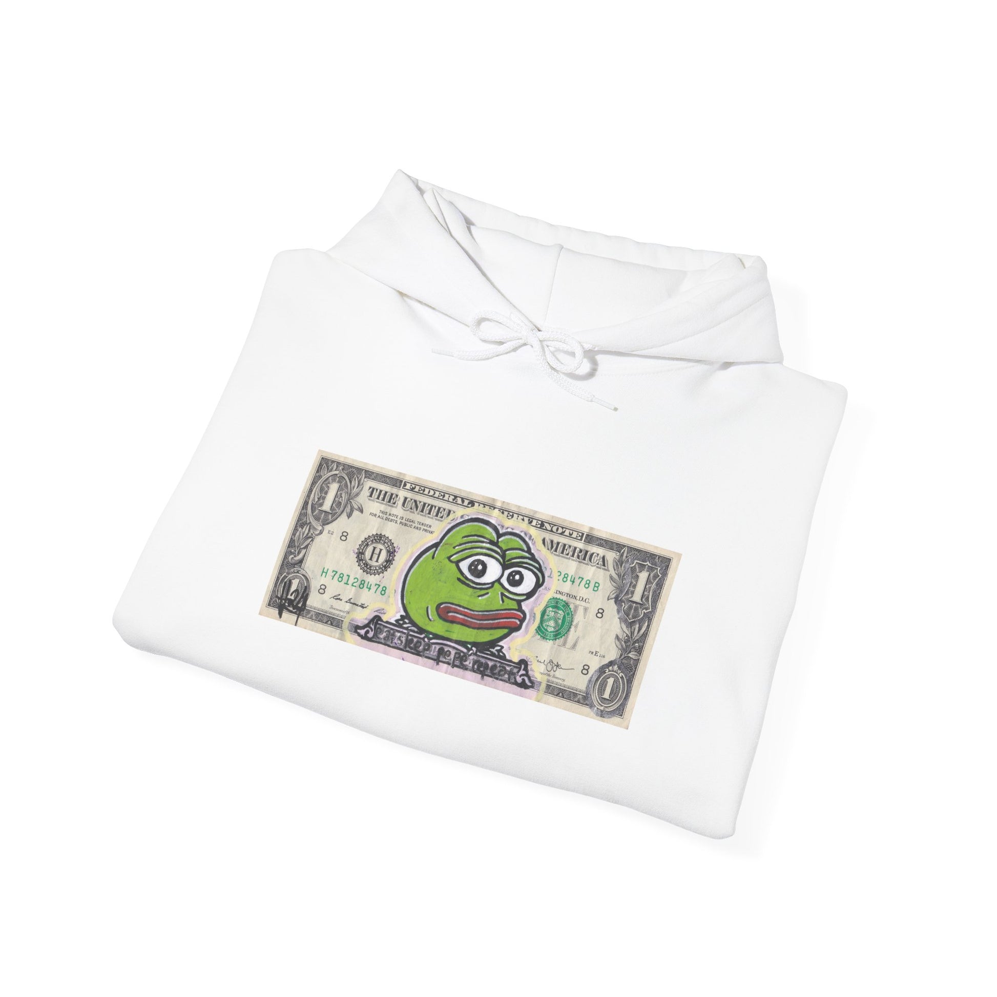 White hoodie with a dollar bill featuring a frog face on a white background, front