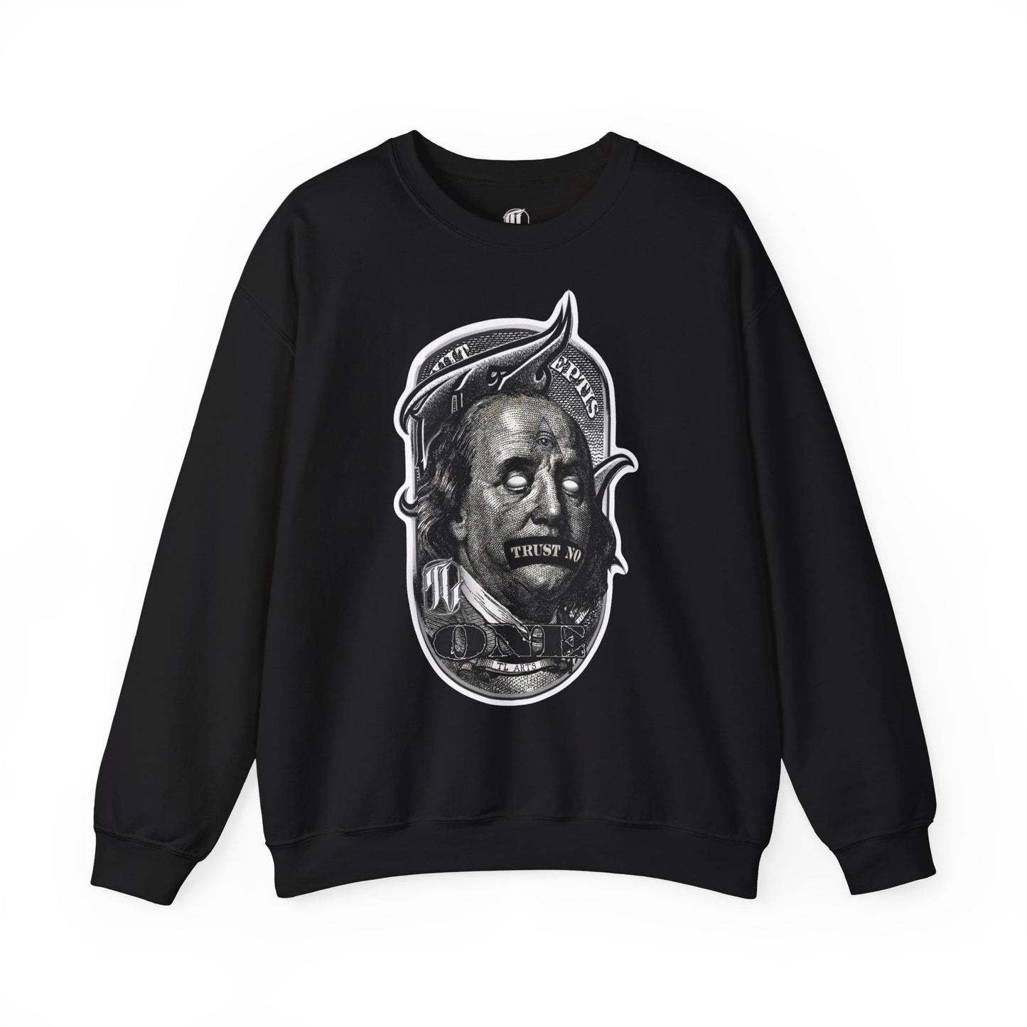 black sweatshirt with a graphic print of a character's face in black and white, front